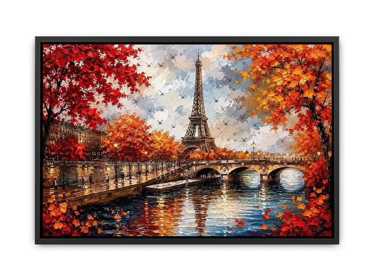 Paris autumn wall art featuring Eiffel Tower river reflections and vibrant fall foliage in romantic impressionist painting style