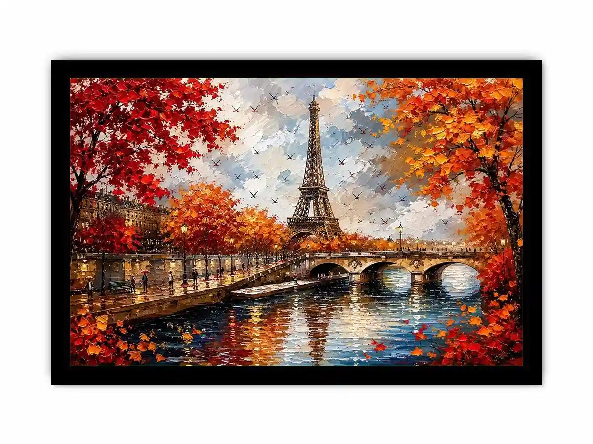 Paris autumn wall art featuring Eiffel Tower river reflections and vibrant fall foliage in romantic impressionist painting style