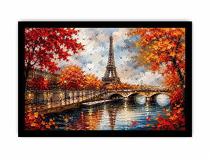 Paris autumn wall art featuring Eiffel Tower river reflections and vibrant fall foliage in romantic impressionist painting style