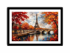Paris autumn wall art featuring Eiffel Tower river reflections and vibrant fall foliage in romantic impressionist painting style