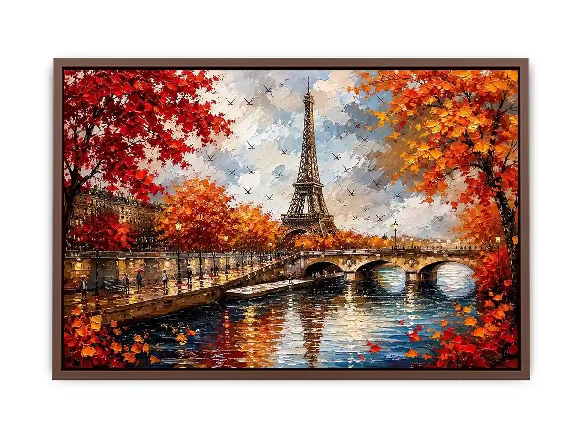 Paris autumn wall art featuring Eiffel Tower river reflections and vibrant fall foliage in romantic impressionist painting style
