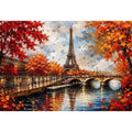 Paris autumn wall art featuring Eiffel Tower river reflections and vibrant fall foliage in romantic impressionist painting style