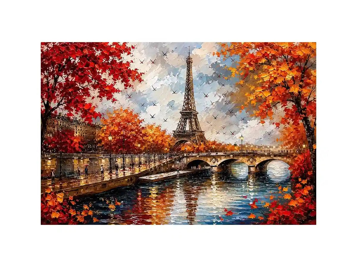 Paris autumn wall art featuring Eiffel Tower river reflections and vibrant fall foliage in romantic impressionist painting style