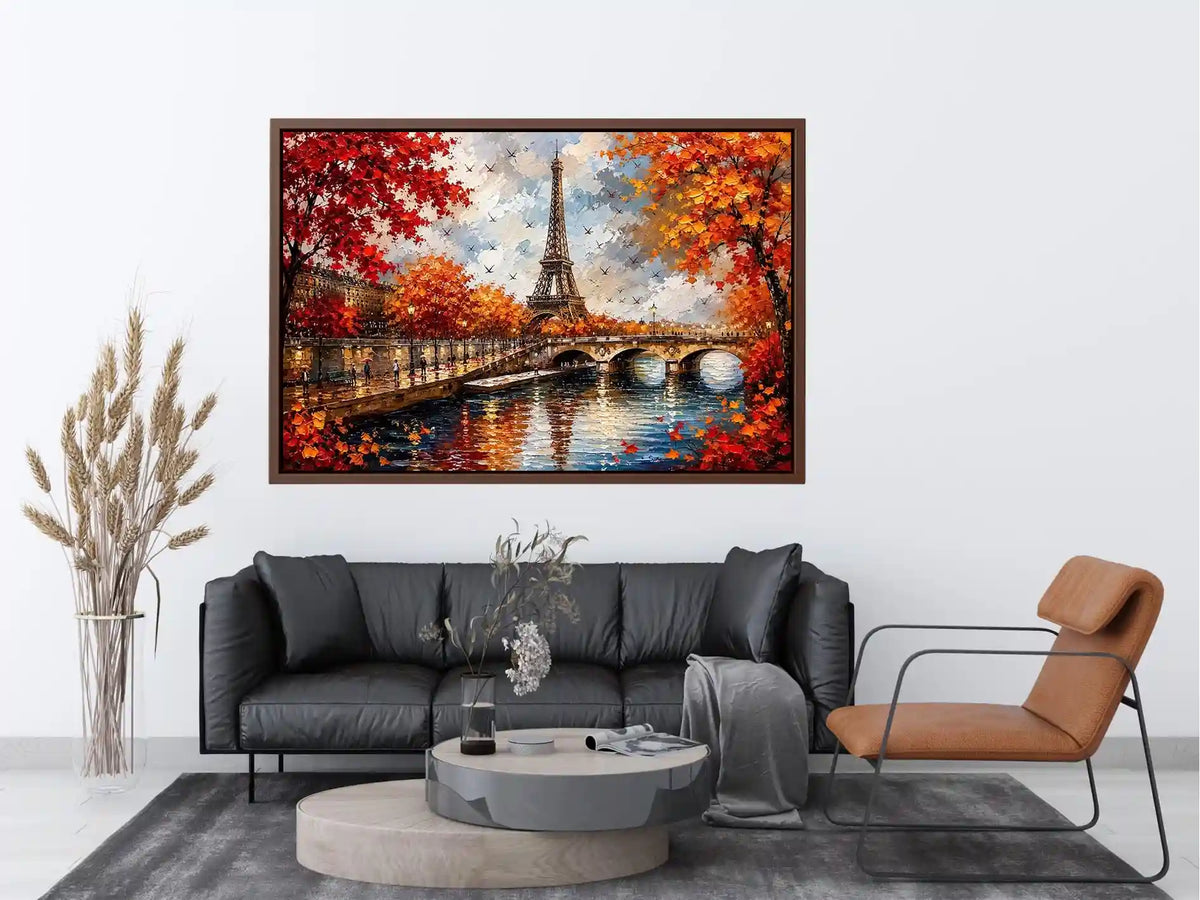 Paris autumn wall art featuring Eiffel Tower river reflections and vibrant fall foliage in romantic impressionist painting style