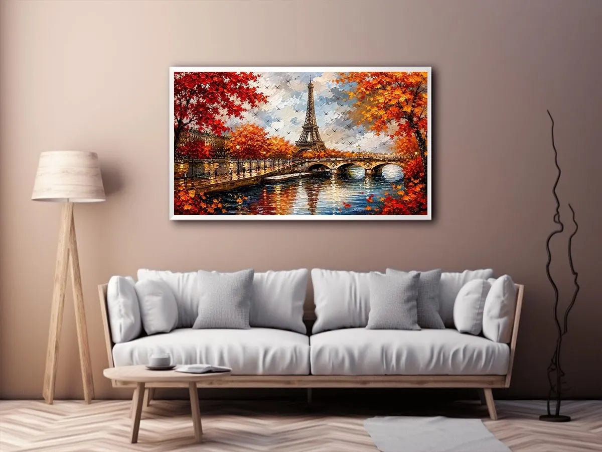 Paris autumn wall art featuring Eiffel Tower river reflections and vibrant fall foliage in romantic impressionist painting style