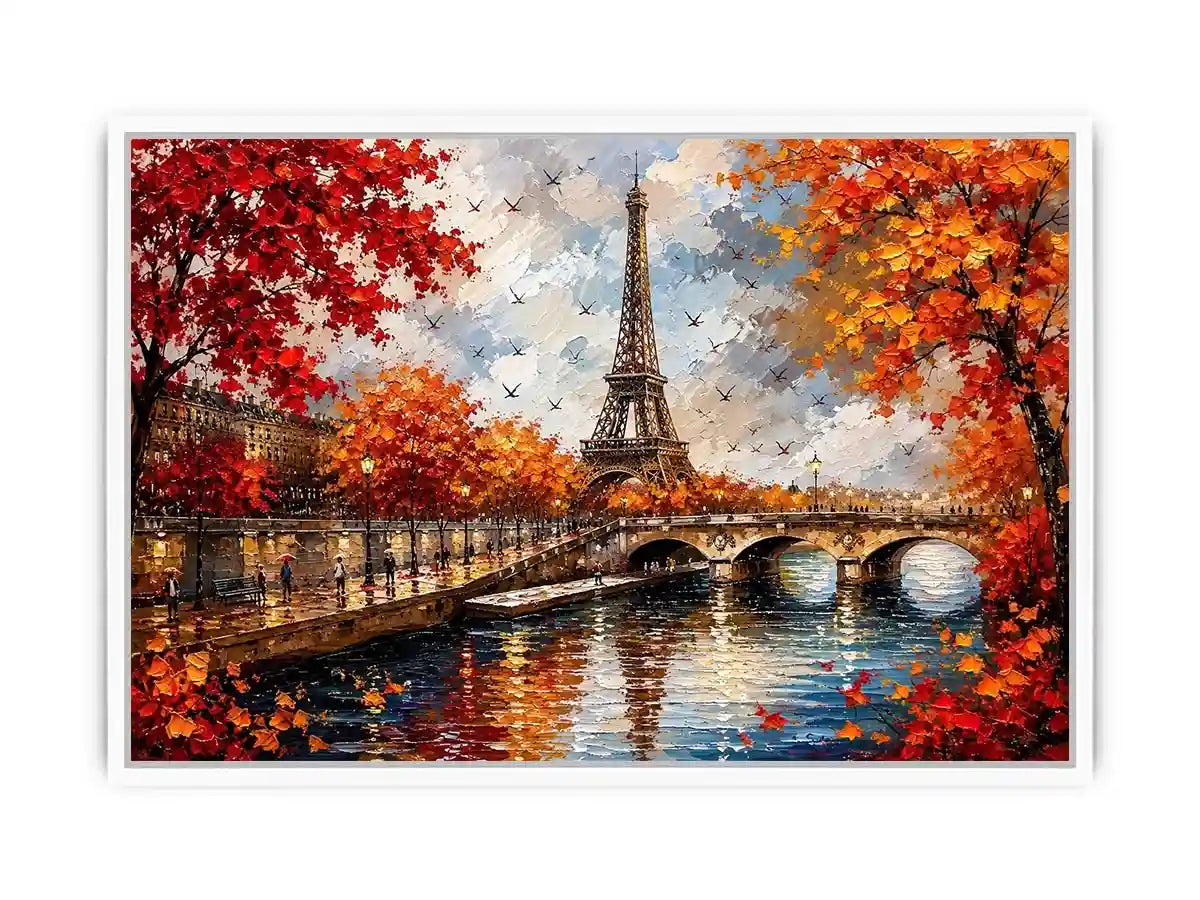 Paris autumn wall art featuring Eiffel Tower river reflections and vibrant fall foliage in romantic impressionist painting style