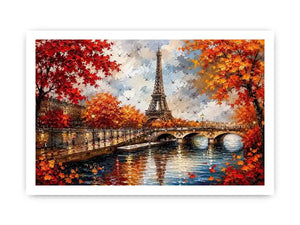 Paris autumn wall art featuring Eiffel Tower river reflections and vibrant fall foliage in romantic impressionist painting style