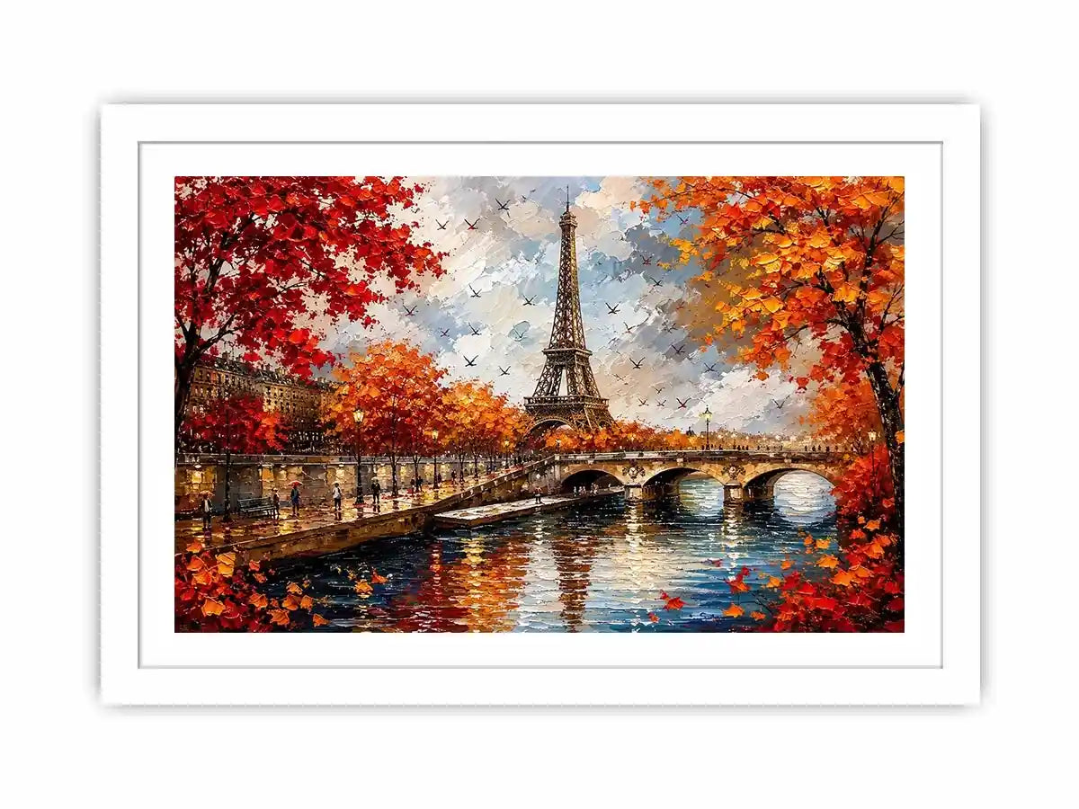 Paris autumn wall art featuring Eiffel Tower river reflections and vibrant fall foliage in romantic impressionist painting style