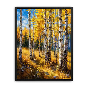 Aspen forest wall art featuring golden autumn trees and soft woodland light in impressionist landscape painting style