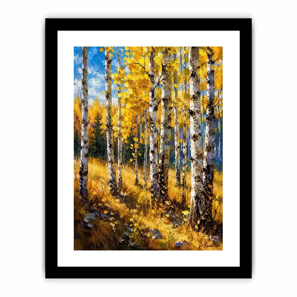 Aspen forest wall art featuring golden autumn trees and soft woodland light in impressionist landscape painting style