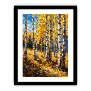 Aspen forest wall art featuring golden autumn trees and soft woodland light in impressionist landscape painting style