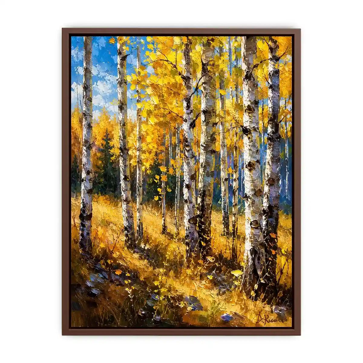 Aspen forest wall art featuring golden autumn trees and soft woodland light in impressionist landscape painting style
