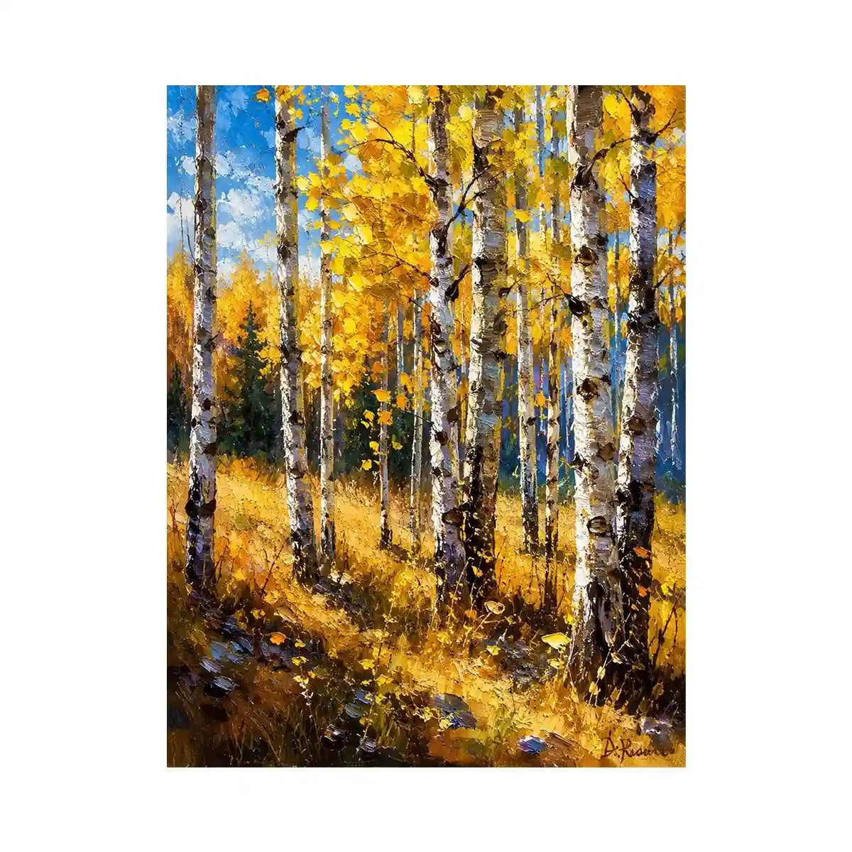 Aspen forest wall art featuring golden autumn trees and soft woodland light in impressionist landscape painting style