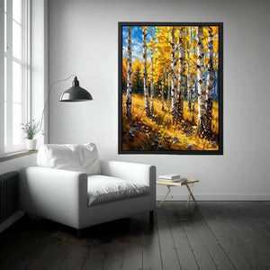 Aspen forest wall art featuring golden autumn trees and soft woodland light in impressionist landscape painting style