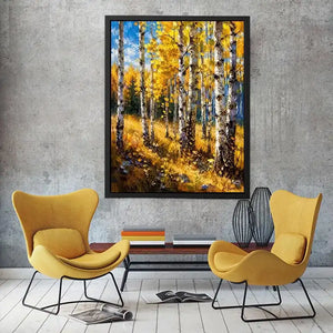 Aspen forest wall art featuring golden autumn trees and soft woodland light in impressionist landscape painting style