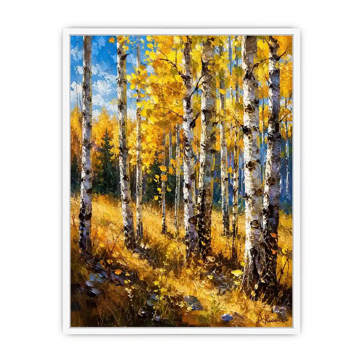 Aspen forest wall art featuring golden autumn trees and soft woodland light in impressionist landscape painting style