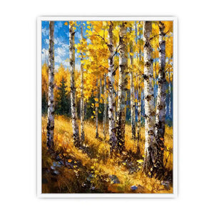 Aspen forest wall art featuring golden autumn trees and soft woodland light in impressionist landscape painting style