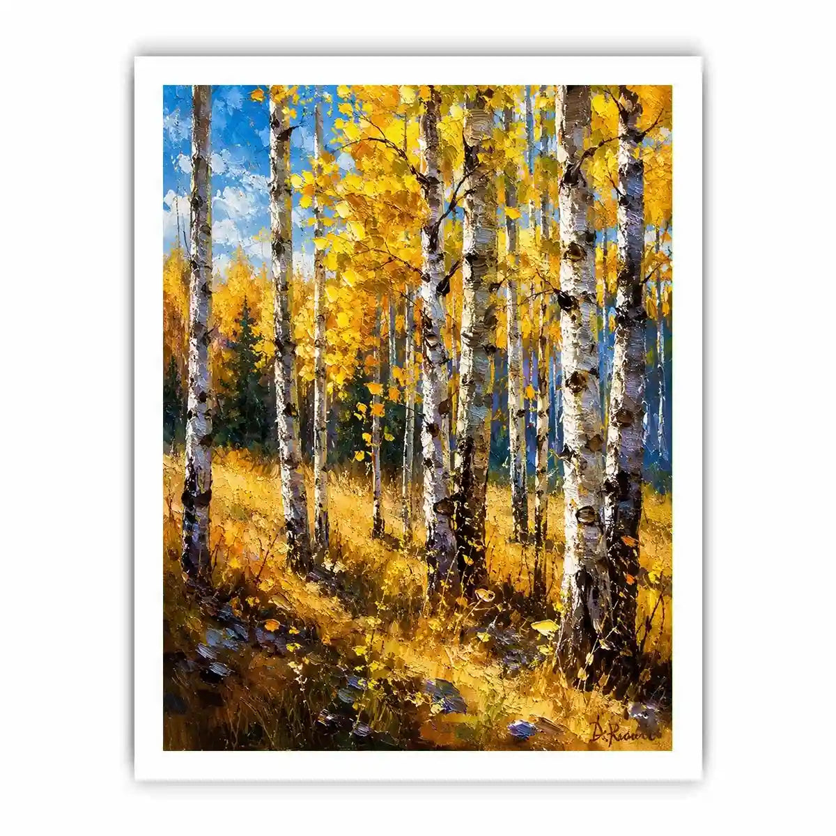 Aspen forest wall art featuring golden autumn trees and soft woodland light in impressionist landscape painting style