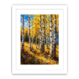 Aspen forest wall art featuring golden autumn trees and soft woodland light in impressionist landscape painting style