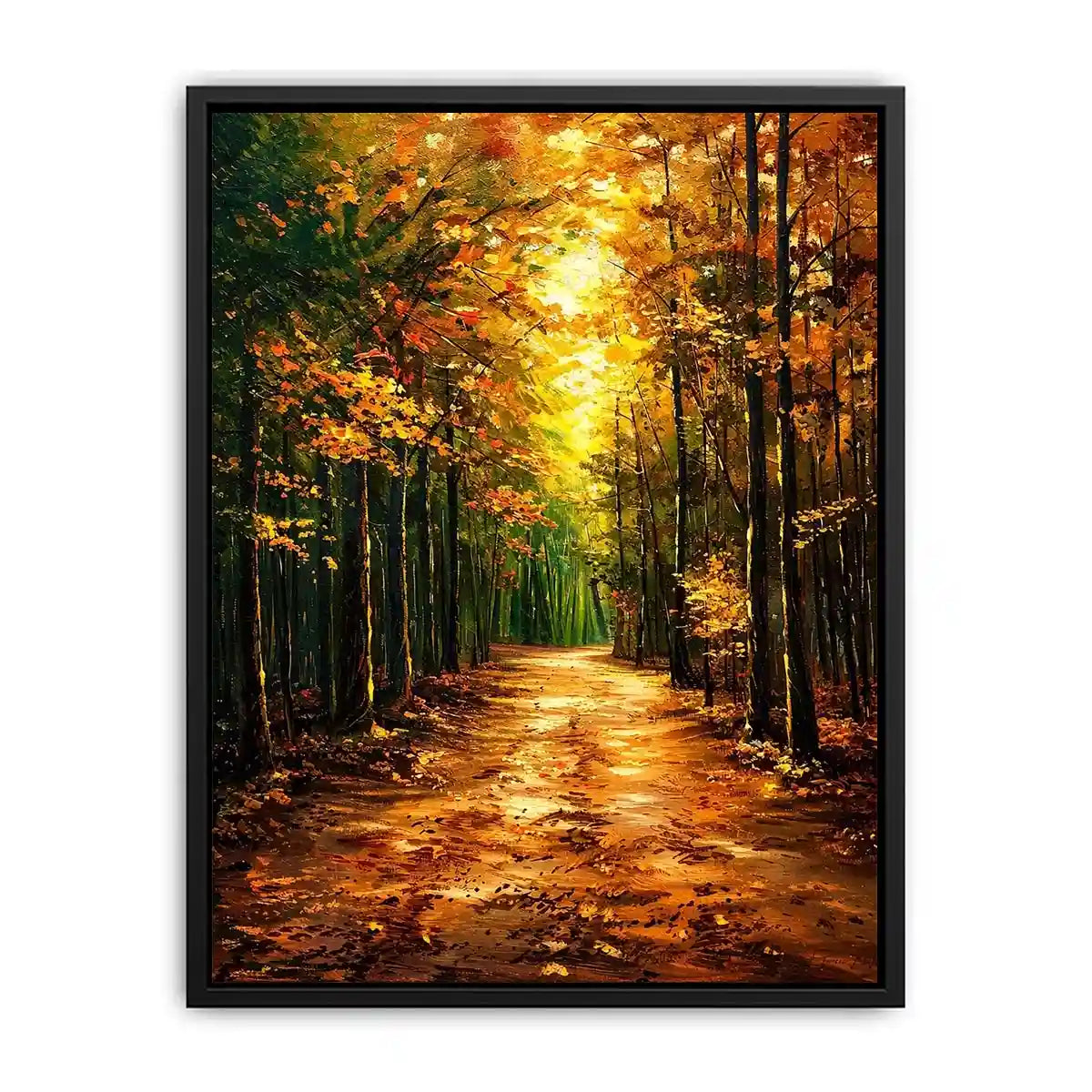 Autumn forest path wall art featuring glowing woodland trees and peaceful nature trail in impressionist landscape painting style
