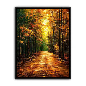 Autumn forest path wall art featuring glowing woodland trees and peaceful nature trail in impressionist landscape painting style