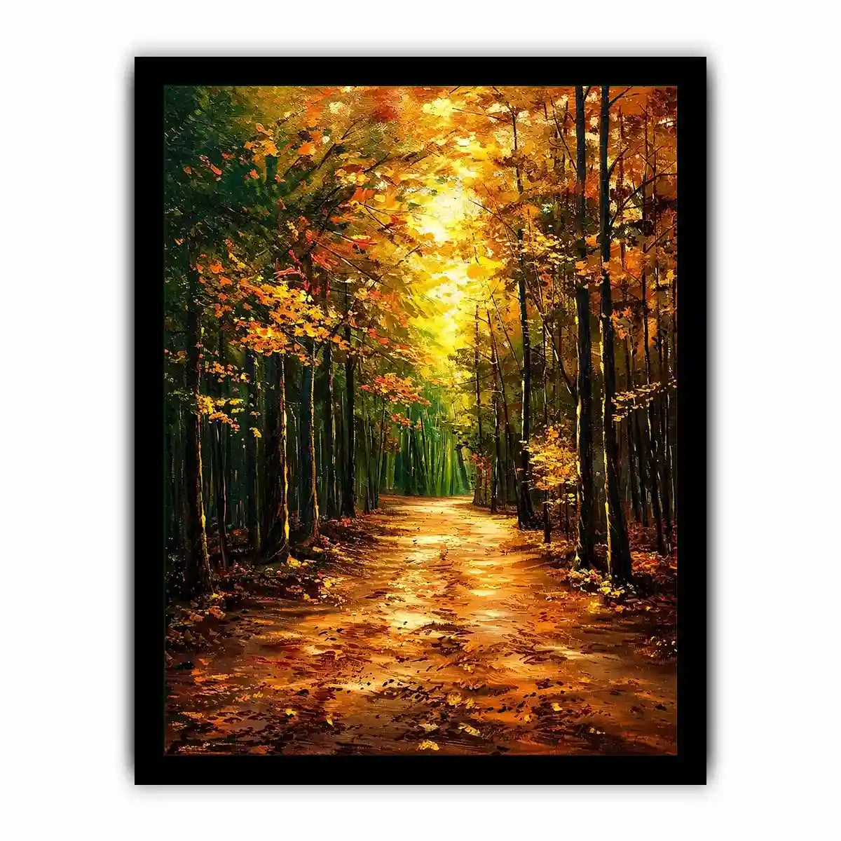 Autumn forest path wall art featuring glowing woodland trees and peaceful nature trail in impressionist landscape painting style