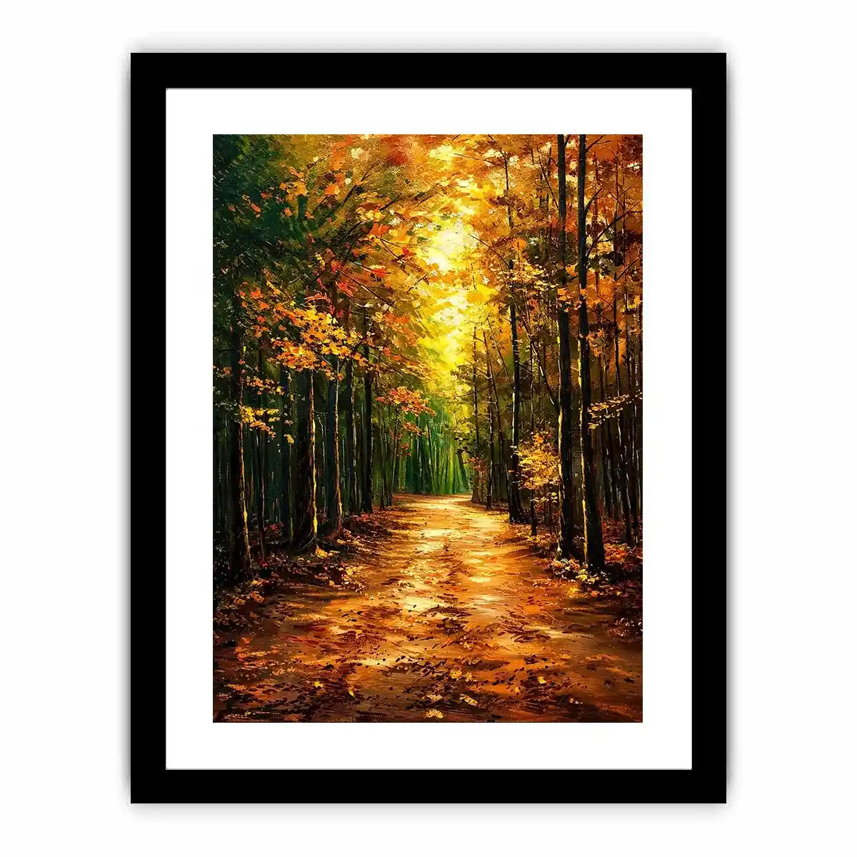 Autumn forest path wall art featuring glowing woodland trees and peaceful nature trail in impressionist landscape painting style
