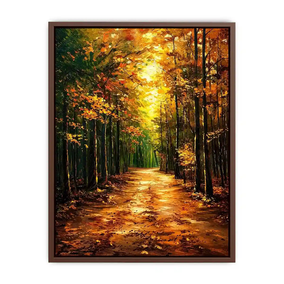 Autumn forest path wall art featuring glowing woodland trees and peaceful nature trail in impressionist landscape painting style