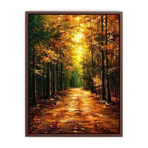 Autumn forest path wall art featuring glowing woodland trees and peaceful nature trail in impressionist landscape painting style