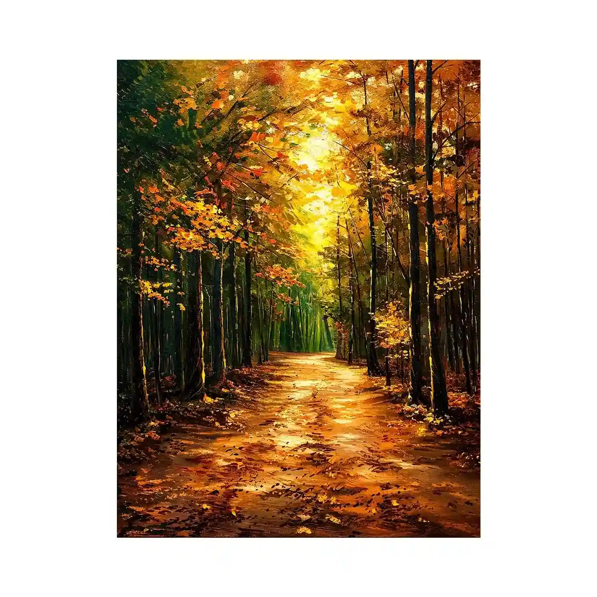 Autumn forest path wall art featuring glowing woodland trees and peaceful nature trail in impressionist landscape painting style