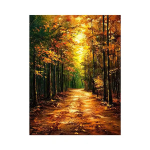 Autumn forest path wall art featuring glowing woodland trees and peaceful nature trail in impressionist landscape painting style