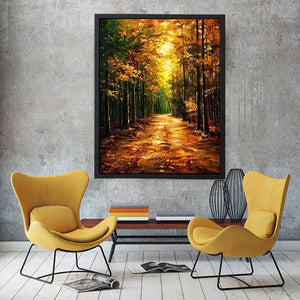 Autumn forest path wall art featuring glowing woodland trees and peaceful nature trail in impressionist landscape painting style
