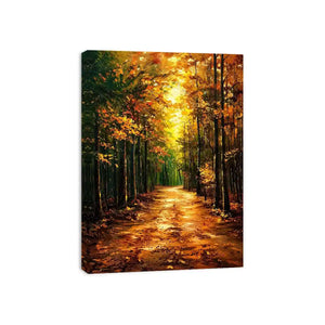 Autumn forest path wall art featuring glowing woodland trees and peaceful nature trail in impressionist landscape painting style