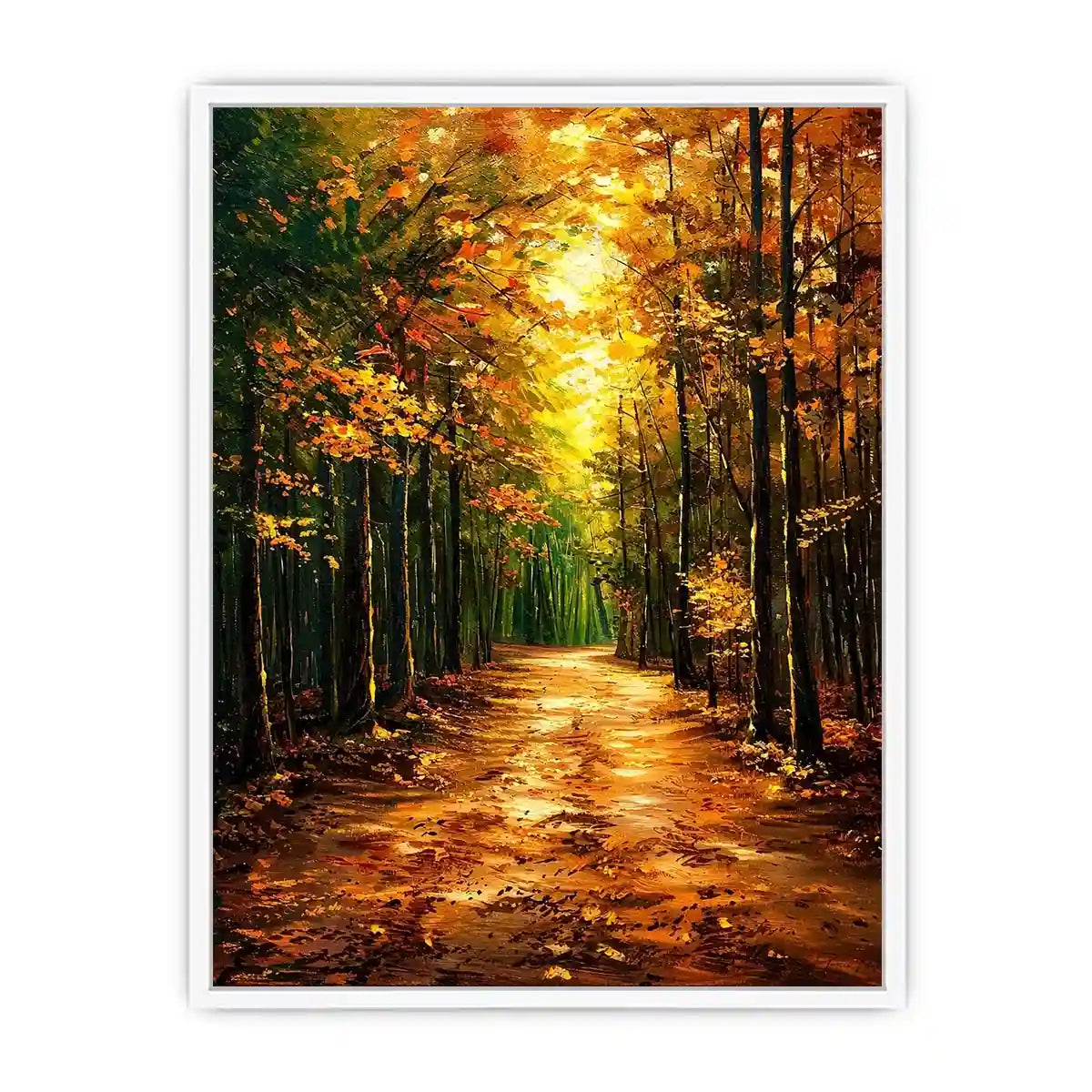 Autumn forest path wall art featuring glowing woodland trees and peaceful nature trail in impressionist landscape painting style