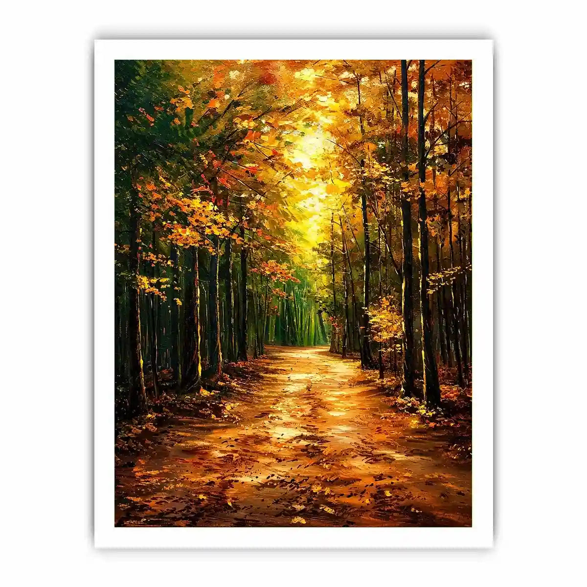 Autumn forest path wall art featuring glowing woodland trees and peaceful nature trail in impressionist landscape painting style