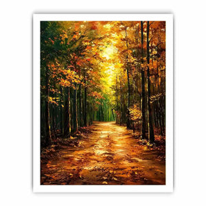 Autumn forest path wall art featuring glowing woodland trees and peaceful nature trail in impressionist landscape painting style