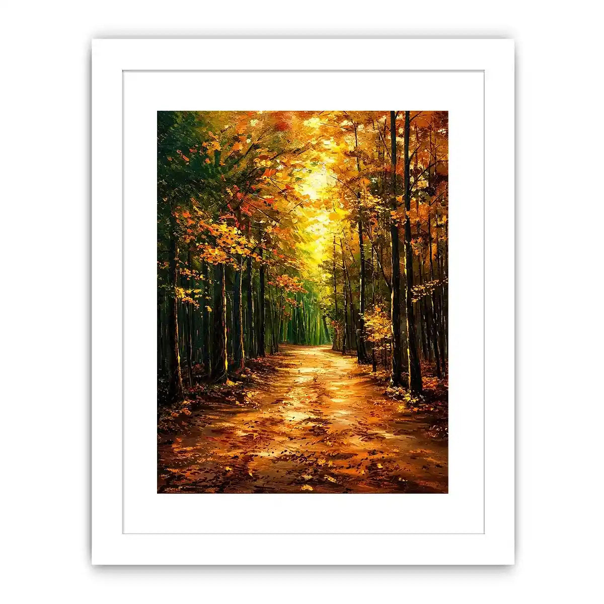 Autumn forest path wall art featuring glowing woodland trees and peaceful nature trail in impressionist landscape painting style
