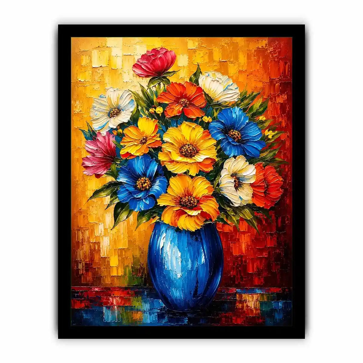 Colorful floral vase wall art featuring vibrant bouquet flowers in blue vase with bold modern impressionist painting style