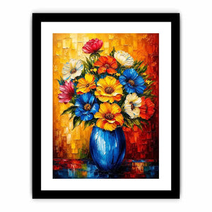 Colorful floral vase wall art featuring vibrant bouquet flowers in blue vase with bold modern impressionist painting style