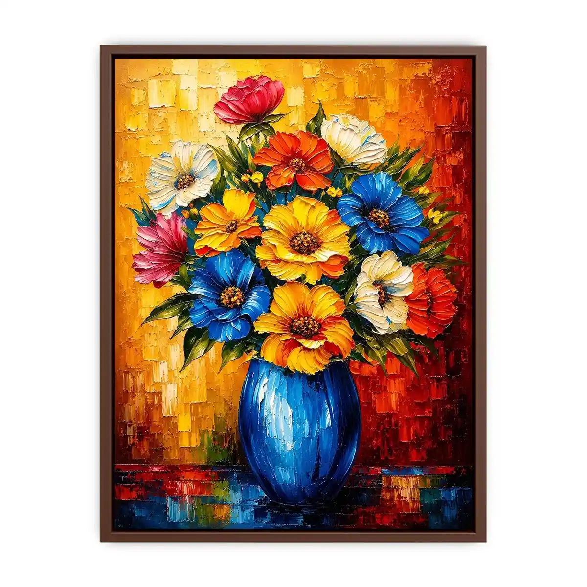 Colorful floral vase wall art featuring vibrant bouquet flowers in blue vase with bold modern impressionist painting style