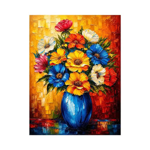 Colorful floral vase wall art featuring vibrant bouquet flowers in blue vase with bold modern impressionist painting style