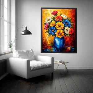 Colorful floral vase wall art featuring vibrant bouquet flowers in blue vase with bold modern impressionist painting style
