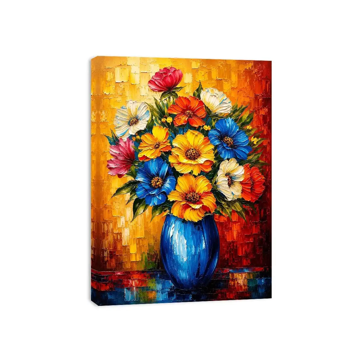 Colorful floral vase wall art featuring vibrant bouquet flowers in blue vase with bold modern impressionist painting style