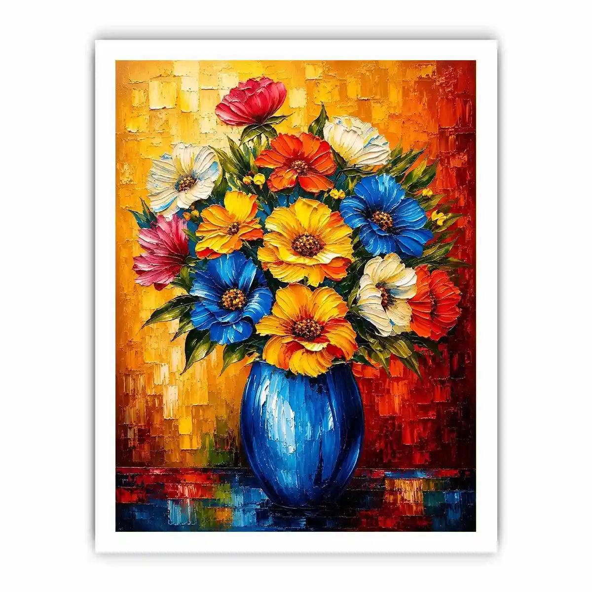 Colorful floral vase wall art featuring vibrant bouquet flowers in blue vase with bold modern impressionist painting style