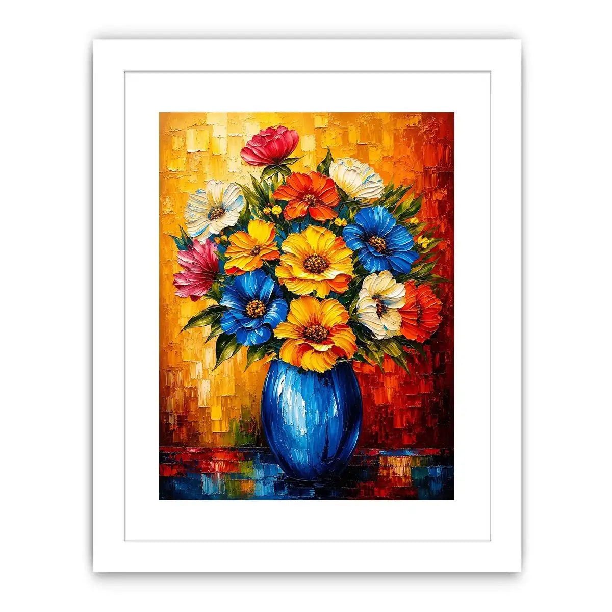 Colorful floral vase wall art featuring vibrant bouquet flowers in blue vase with bold modern impressionist painting style