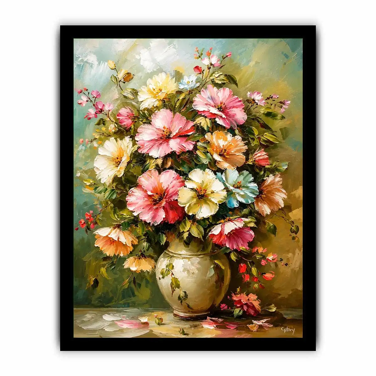 Elegant floral bouquet wall art featuring soft pink cream and pastel flowers in luxury impressionist painting style
