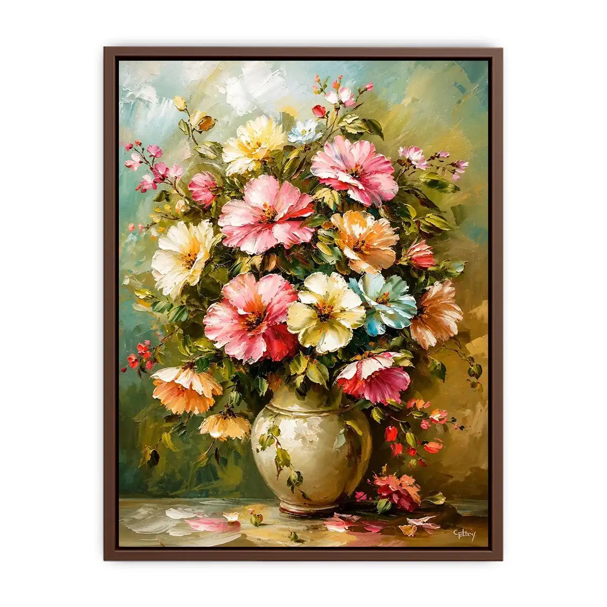 Elegant floral bouquet wall art featuring soft pink cream and pastel flowers in luxury impressionist painting style