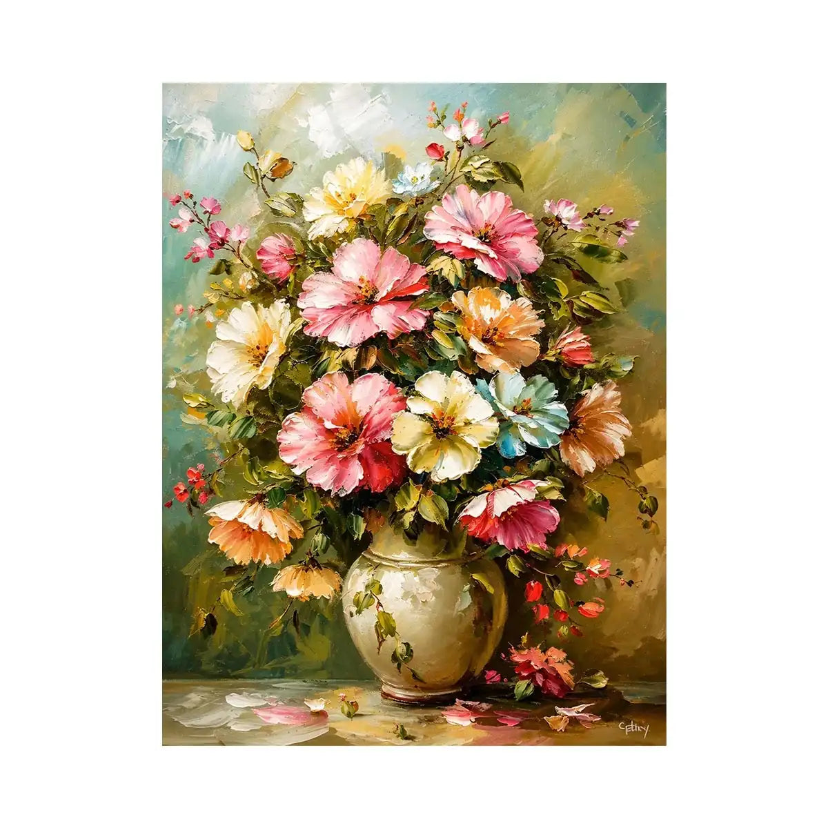 Elegant floral bouquet wall art featuring soft pink cream and pastel flowers in luxury impressionist painting style