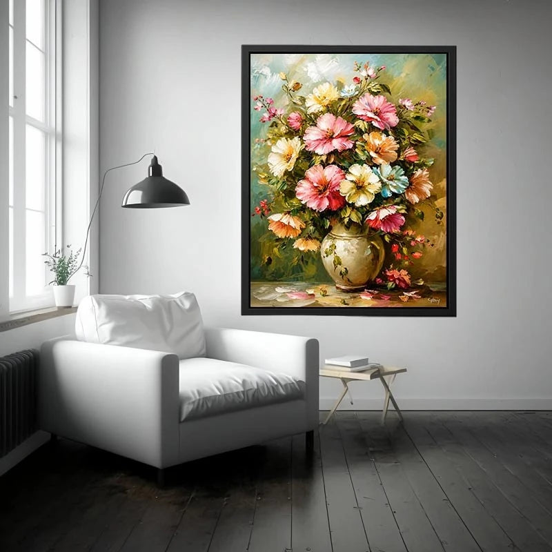 Elegant floral bouquet wall art featuring soft pink cream and pastel flowers in luxury impressionist painting style