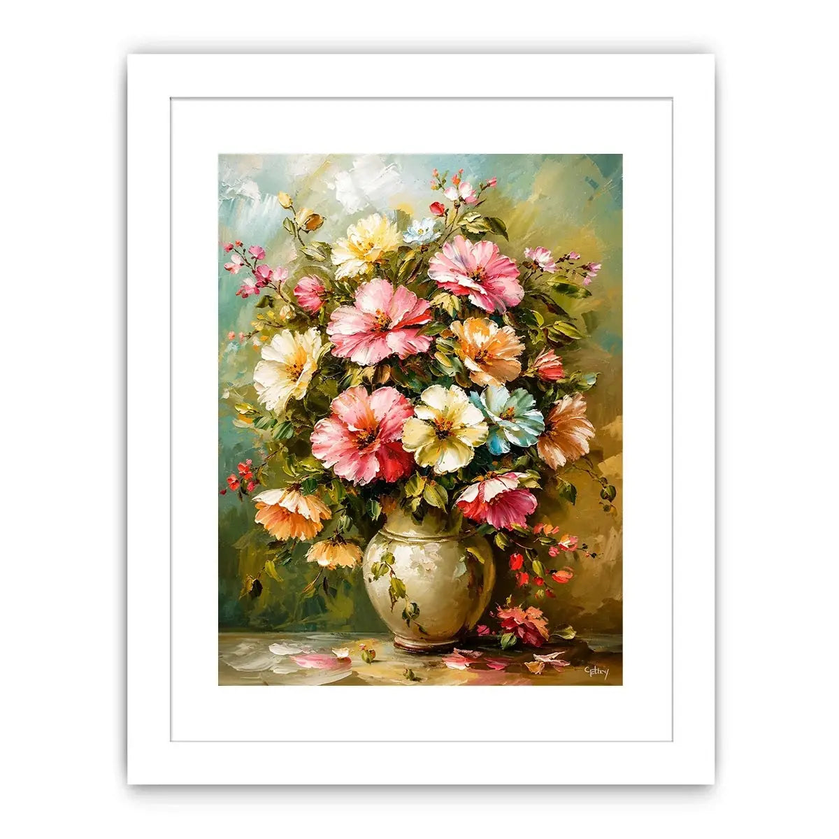 Elegant floral bouquet wall art featuring soft pink cream and pastel flowers in luxury impressionist painting style